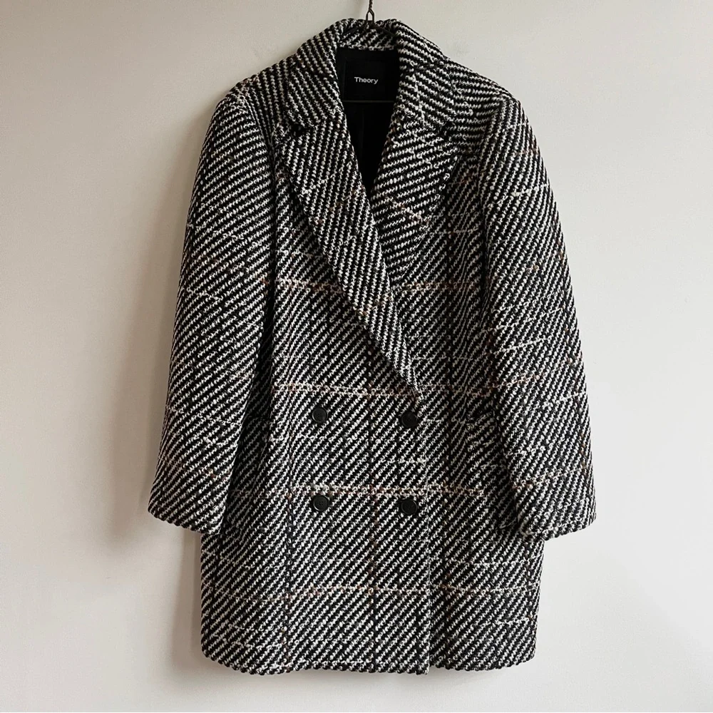 Theory graphic tweed double breasted wool blend coat - Picture 2 of 7